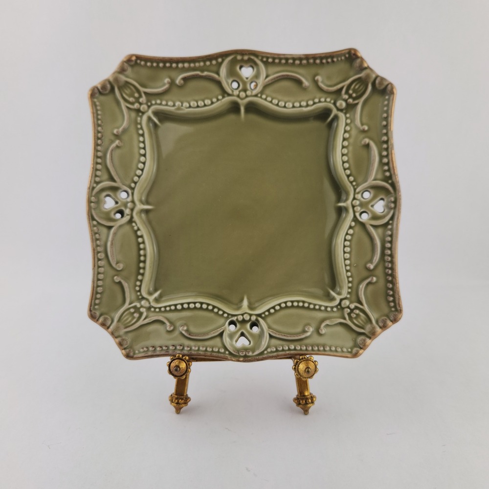 Green Ceramic Square Plate, Reticulated Hearts, Gold Color Trim Relief, Portugal